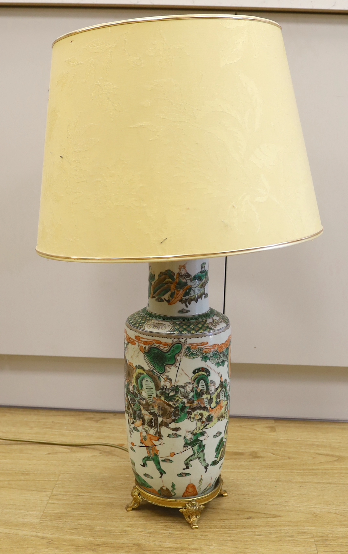 A 19th century Chinese famille verte rouleau vase with gilt metal base, now as a lamp, vase base 48cm high